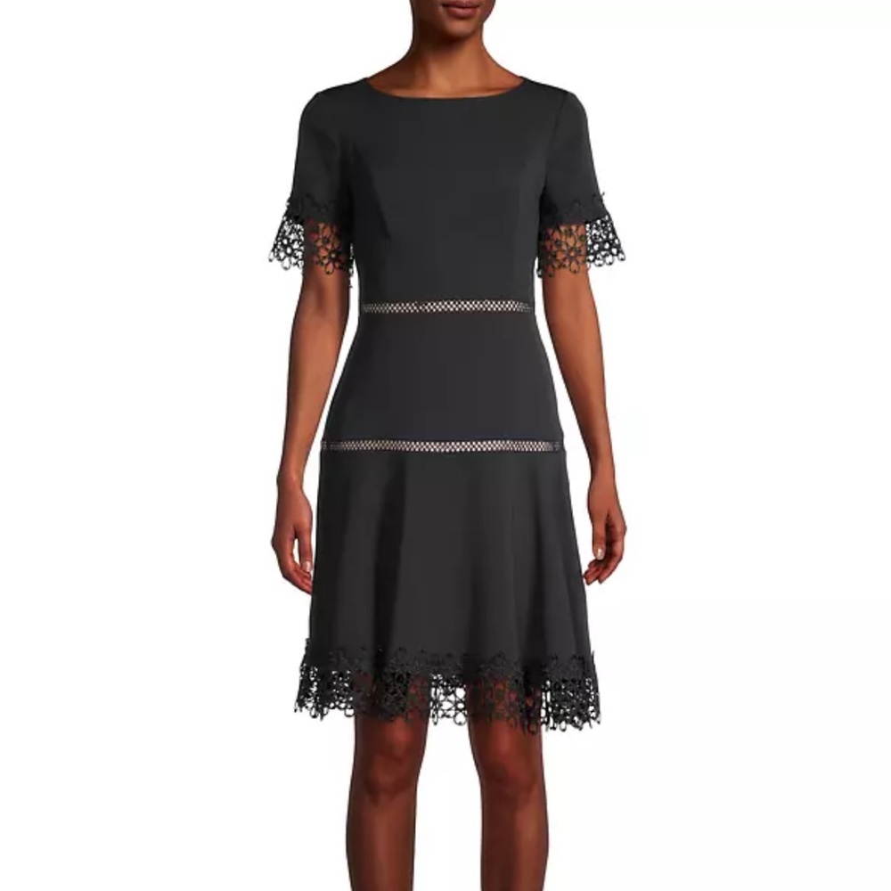 SHANI black lace trim fit flare crepe dress  size 6 cocktail